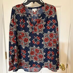 Wonderly Boho Blue and Red Medallion Long Sleeve Blouse